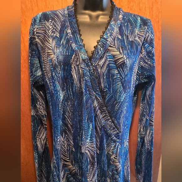Ninety Elegant Blue Patterned Women's Stretchy Faux Wrap Dress SzM - Picture 4 of 11